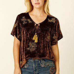 NWT Kyla Seo Anthropologie Handmade Embroidered Crushed Velvet Brown Blouse Sz S